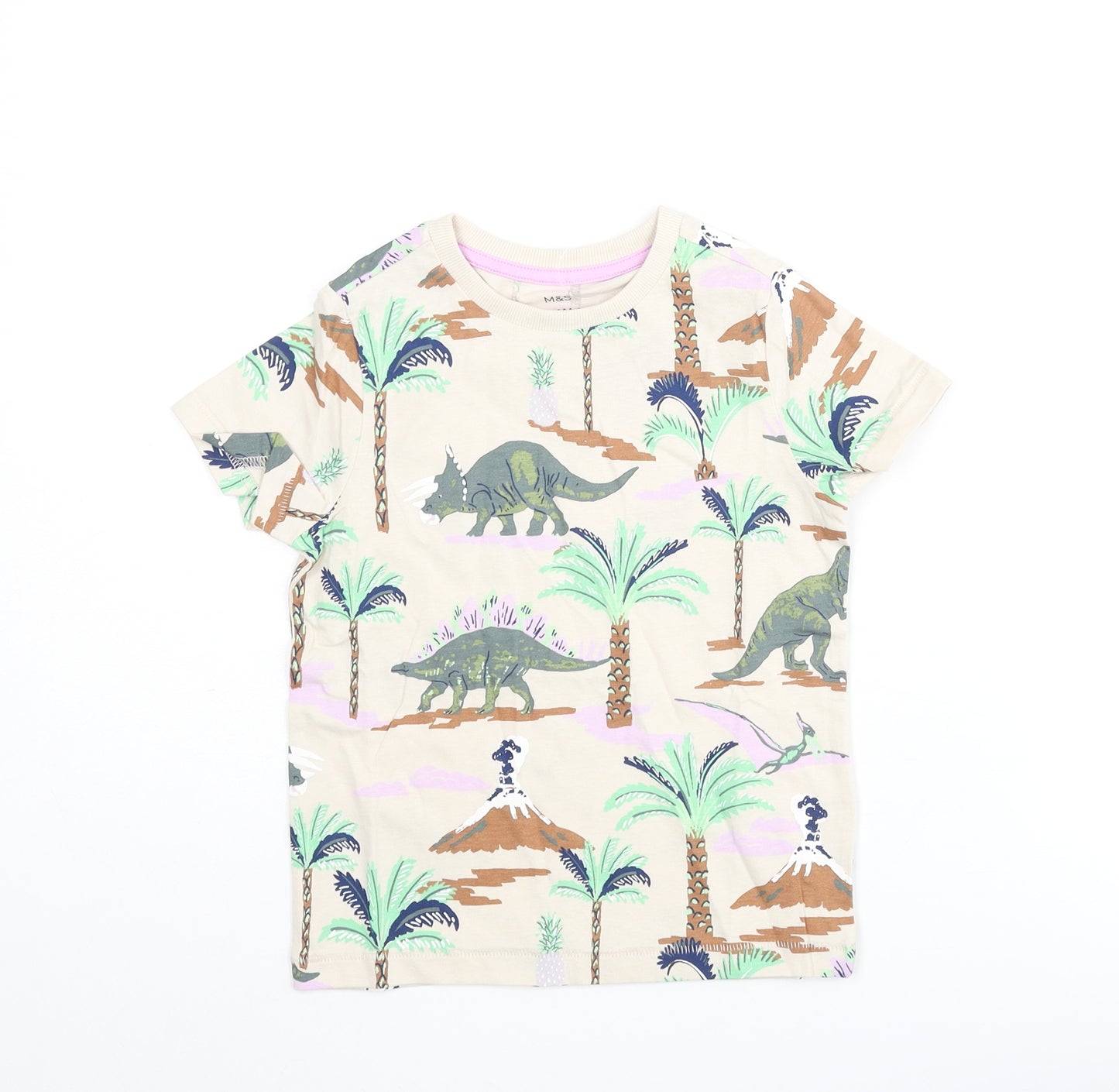 Marks and Spencer Boys Multicoloured Geometric Cotton Basic T-Shirt Size 4-5 Years Crew Neck Pullover - Dinosaur Tree Print