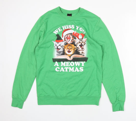 Fifth Sun Mens Green Cotton Pullover Sweatshirt Size S - Cats, Christmas, Slogan