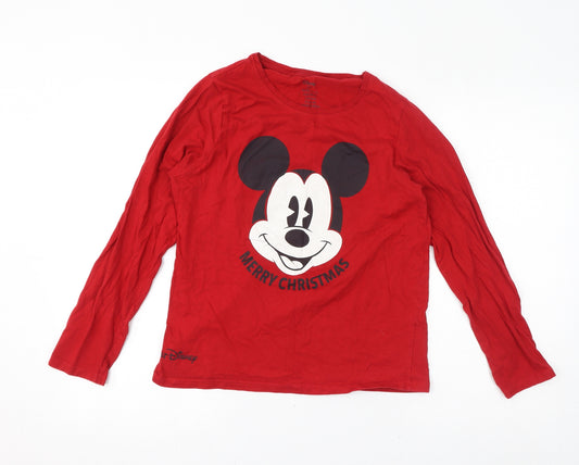 Disney Girls Red Cotton Basic T-Shirt Size 10-11 Years Round Neck Pullover - Size 10-12, Merry Christmas, Micky Mouse