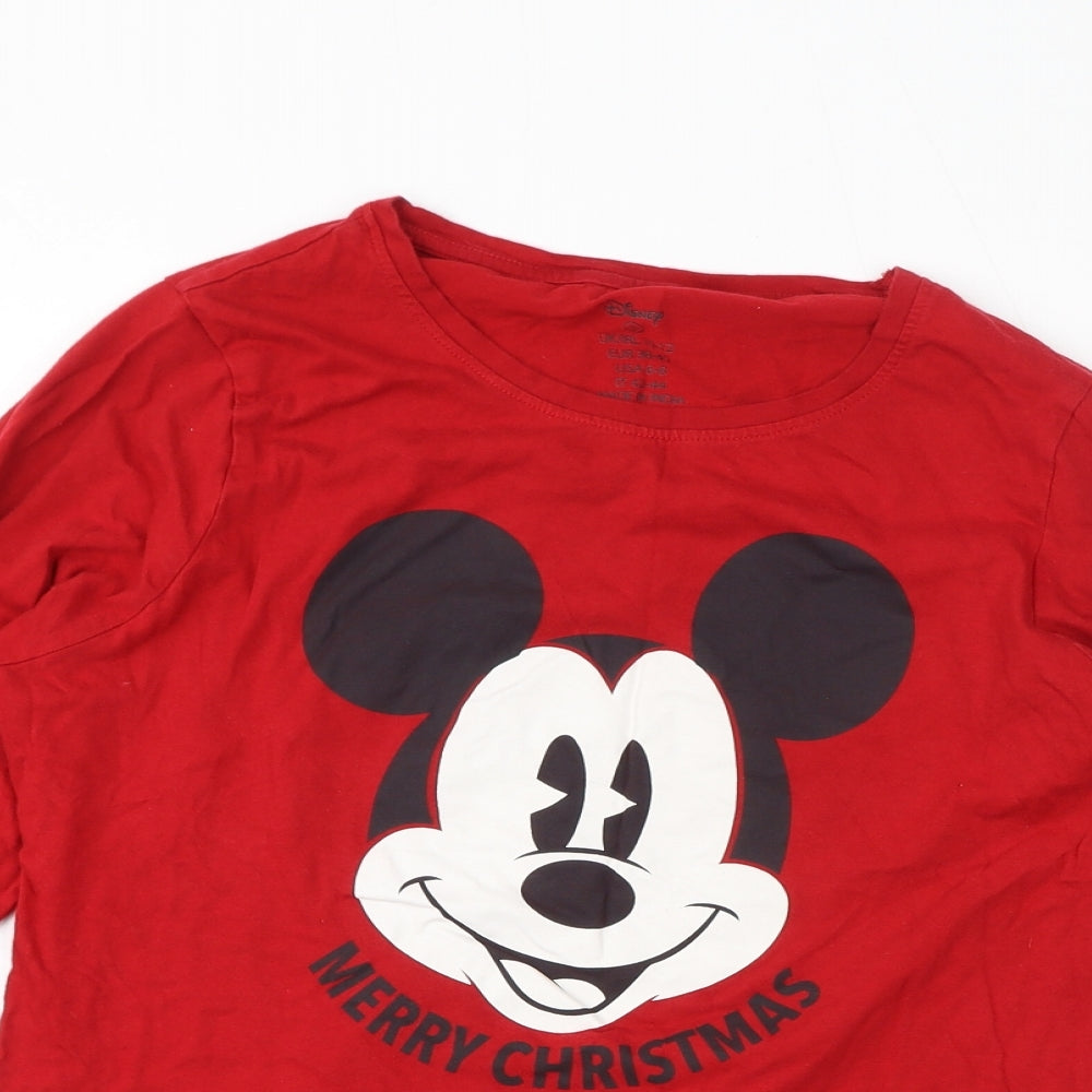 Disney Girls Red Cotton Basic T-Shirt Size 10-11 Years Round Neck Pullover - Size 10-12, Merry Christmas, Micky Mouse