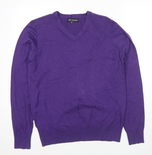 Marks and Spencer Mens Purple V-Neck Cotton Pullover Jumper Size M Long Sleeve