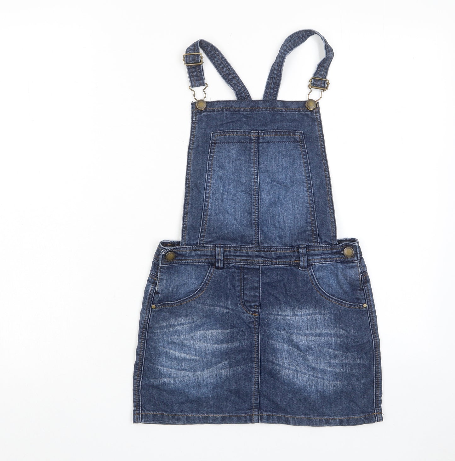 George Girls Blue Cotton Pinafore/Dungaree Dress Size 9-10 Years Square Neck Button - Pockets