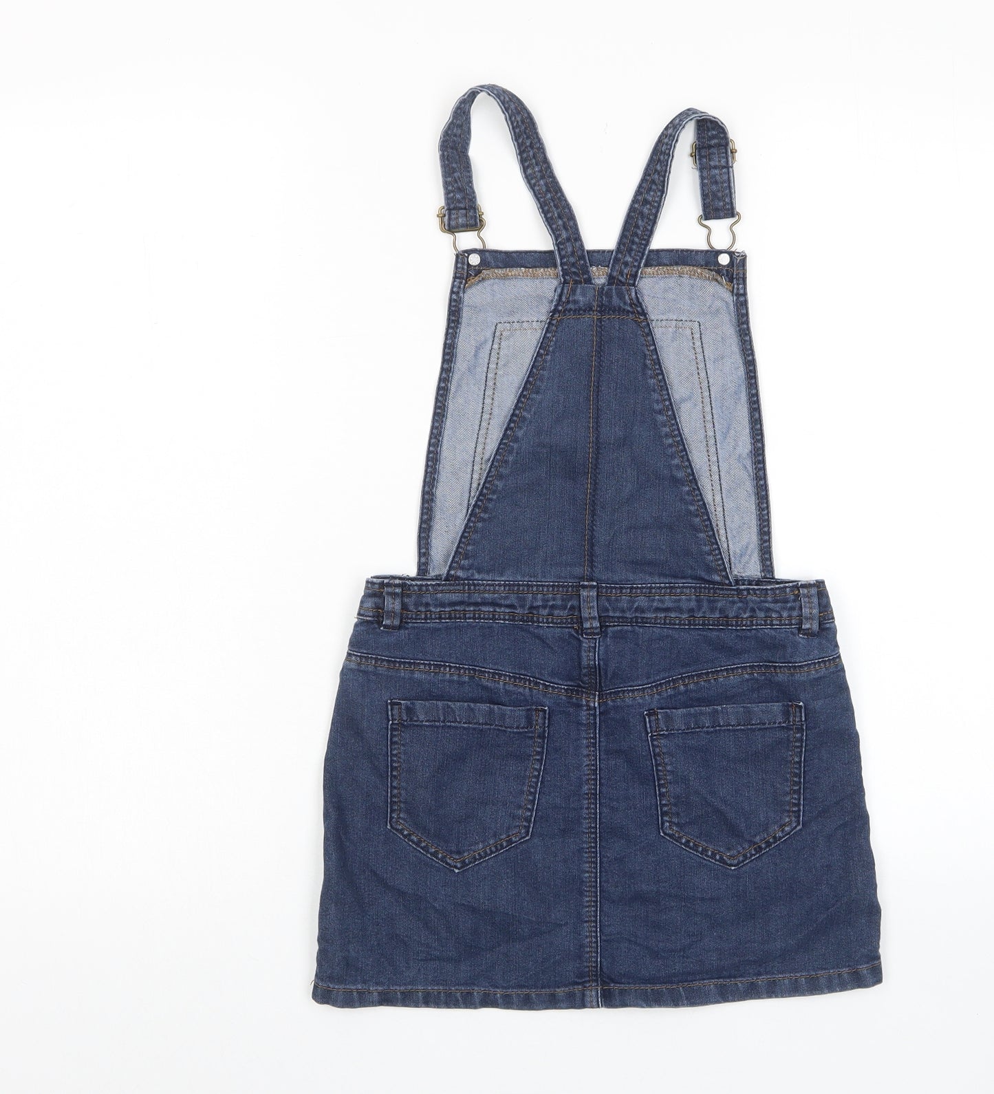 George Girls Blue Cotton Pinafore/Dungaree Dress Size 9-10 Years Square Neck Button - Pockets