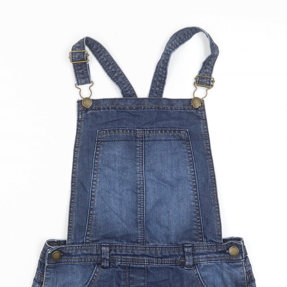 George Girls Blue Cotton Pinafore/Dungaree Dress Size 9-10 Years Square Neck Button - Pockets