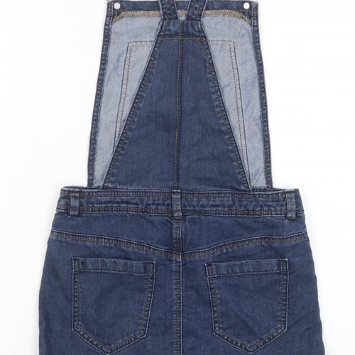 George Girls Blue Cotton Pinafore/Dungaree Dress Size 9-10 Years Square Neck Button - Pockets