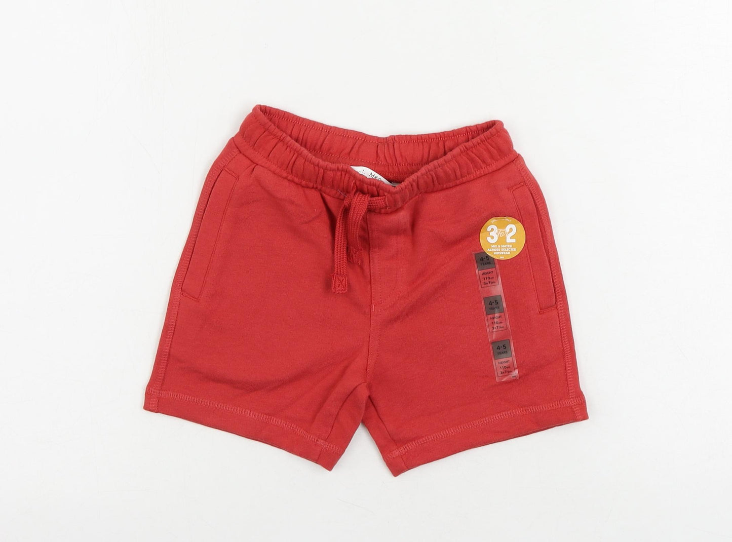 Marks and Spencer Boys Red Cotton Sweat Shorts Size 4-5 Years Regular Drawstring - Pockets