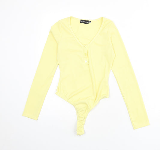 PRETTYLITTLETHING Womens Yellow Polyester Bodysuit One-Piece Size 8 Snap - Ribbed