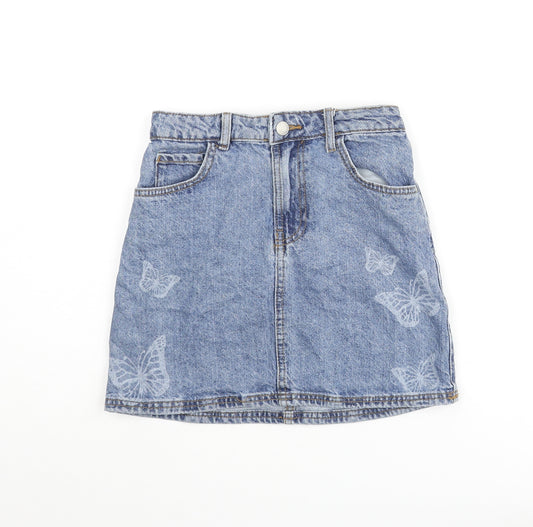 Denim & Co. Girls Blue Cotton Straight & Pencil Skirt Size 8-9 Years Regular Zip - Butterfly Print