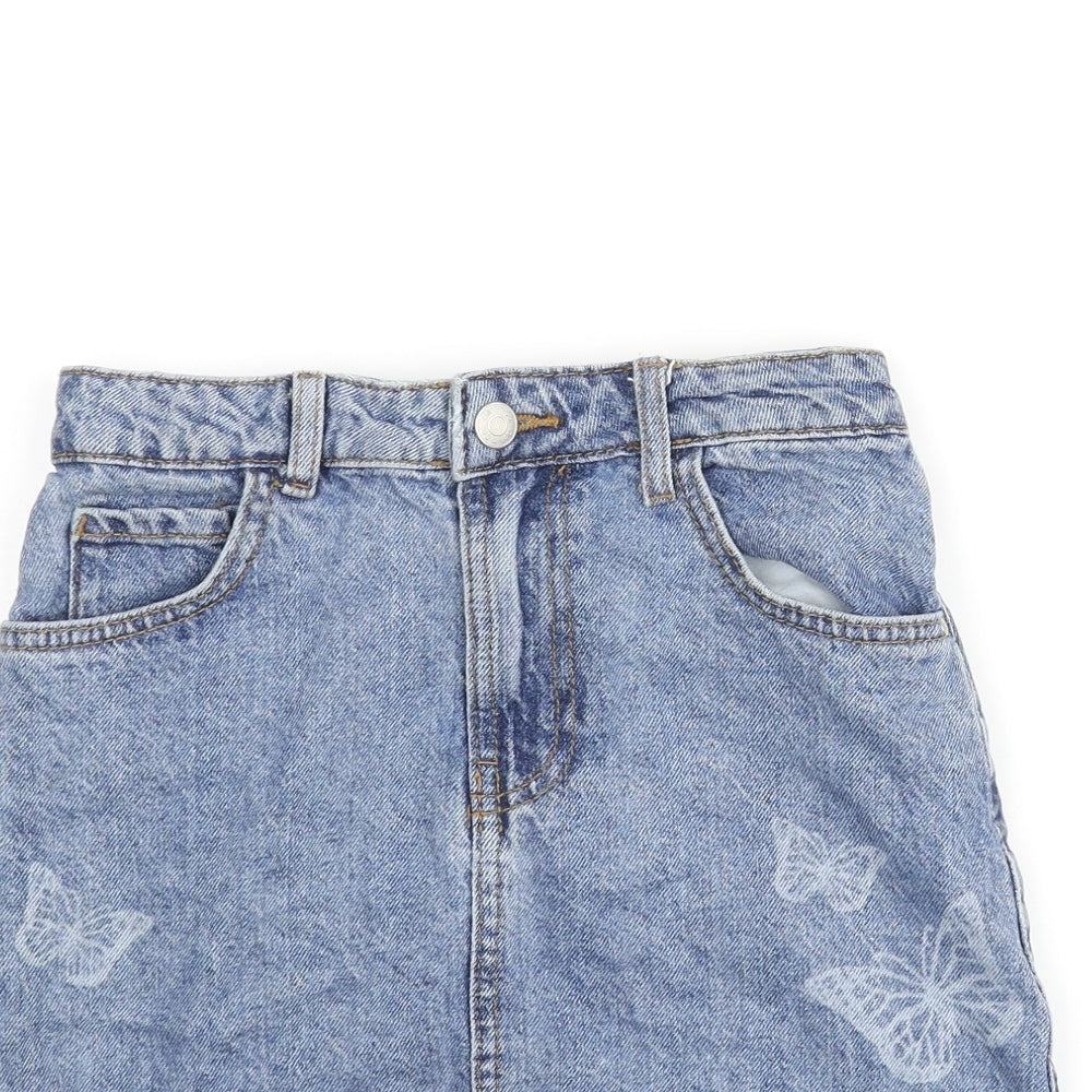 Denim & Co. Girls Blue Cotton Straight & Pencil Skirt Size 8-9 Years Regular Zip - Butterfly Print