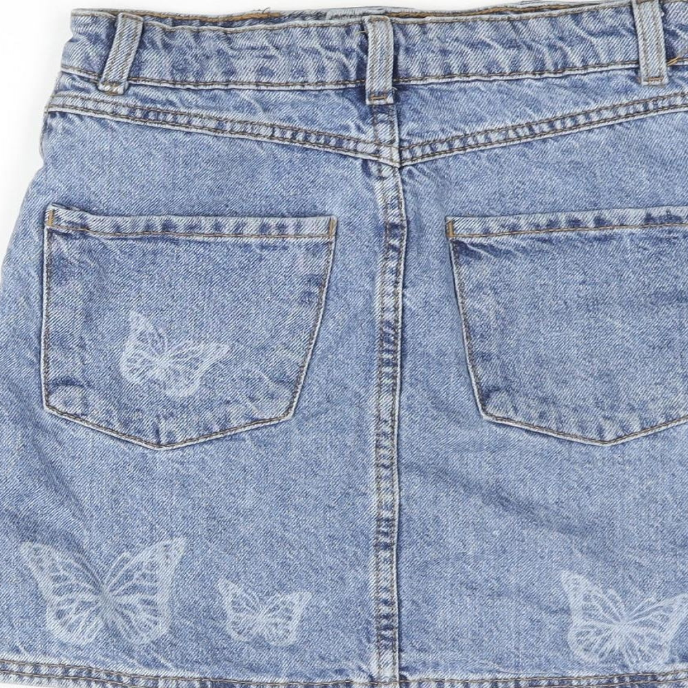 Denim & Co. Girls Blue Cotton Straight & Pencil Skirt Size 8-9 Years Regular Zip - Butterfly Print