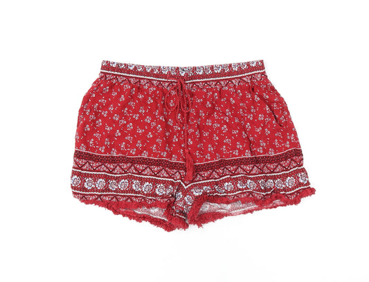 New Look Womens Red Floral Viscose Basic Shorts Size 12 Regular Drawstring