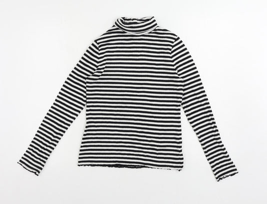 Marks and Spencer Girls Black Striped Cotton Pullover T-Shirt Size 13-14 Years Roll Neck Pullover