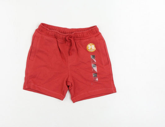 Marks and Spencer Boys Red Cotton Sweat Shorts Size 5-6 Years Regular Drawstring - Pockets