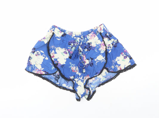 Cotton On Womens Blue Floral 100% Cotton Hot Pants Shorts Size S Regular Drawstring - Elasticated Waist Tassel