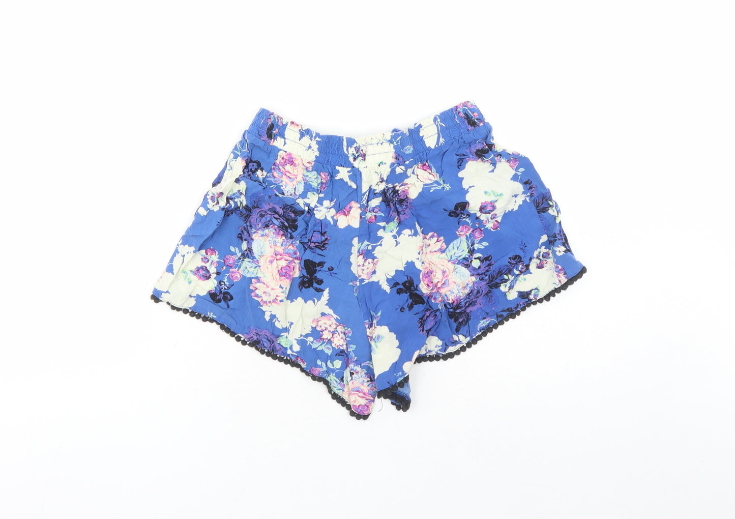 Cotton On Womens Blue Floral 100% Cotton Hot Pants Shorts Size S Regular Drawstring - Elasticated Waist Tassel