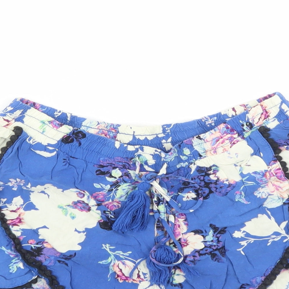 Cotton On Womens Blue Floral 100% Cotton Hot Pants Shorts Size S Regular Drawstring - Elasticated Waist Tassel