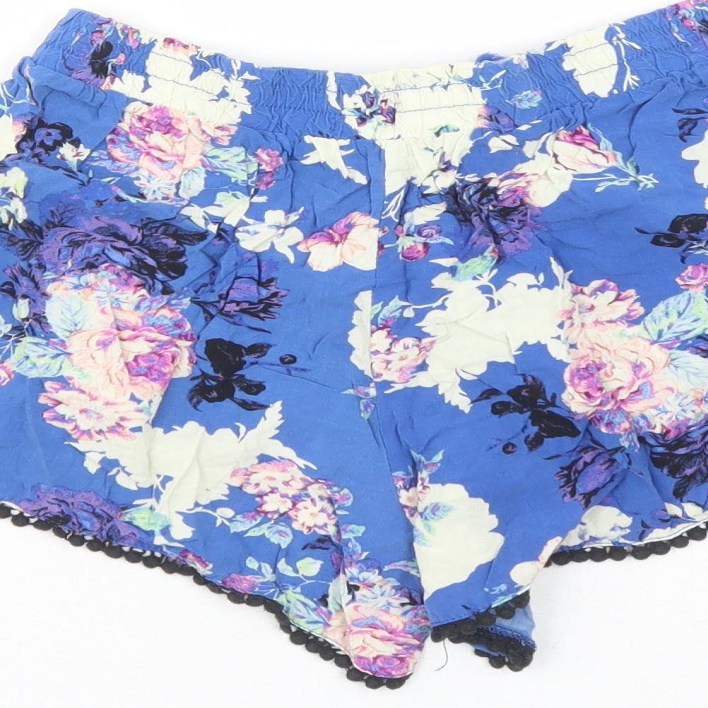 Cotton On Womens Blue Floral 100% Cotton Hot Pants Shorts Size S Regular Drawstring - Elasticated Waist Tassel