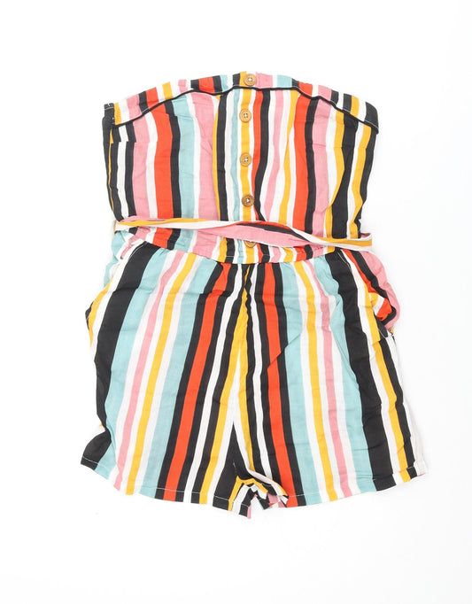 Pimkie Womens Multicoloured Striped Cotton Playsuit One-Piece Size 8 Pullover - Belted Button Detail