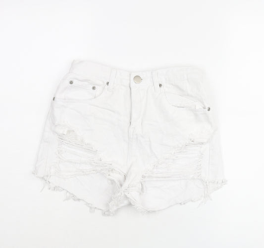 PRETTYLITTLETHING Womens White Cotton Cut-Off Shorts Size 8 Regular Zip - Heavily Distressed