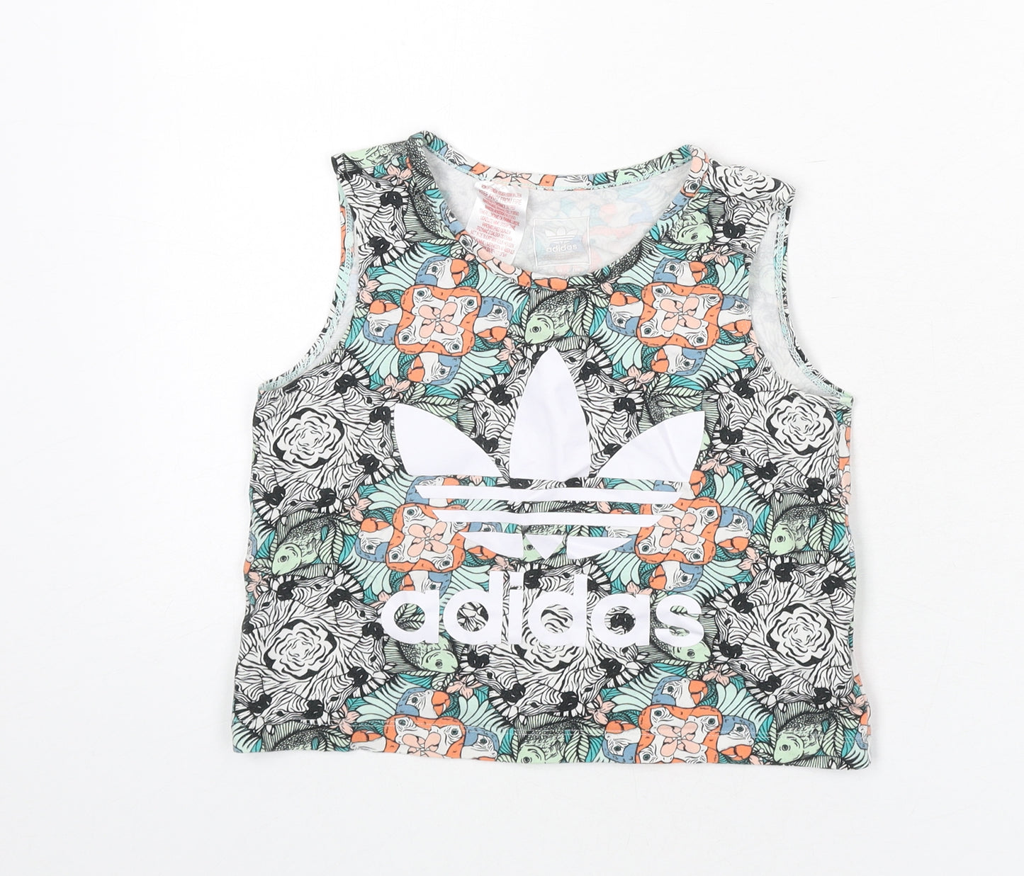 adidas Girls Multicoloured Animal Print Cotton Camisole Tank Size 11-12 Years Round Neck Pullover - Zebras, Parrots, Fish