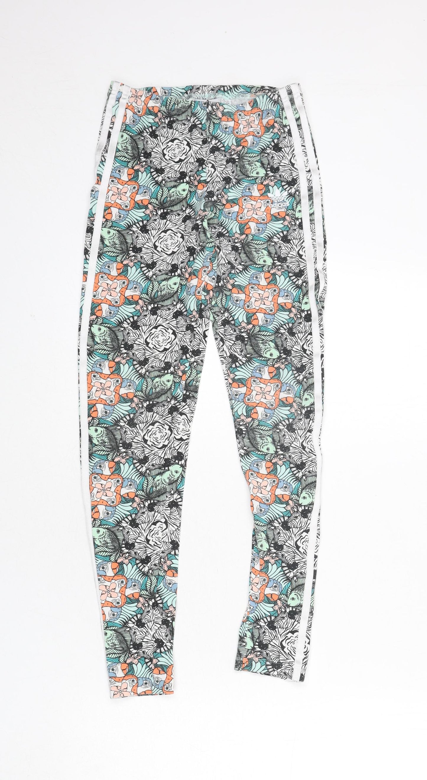 adidas Girls Multicoloured Animal Print Cotton Capri Trousers Size 11-12 Years L25 in Regular Pullover - Zebras, Parrots, Fish, Leggings