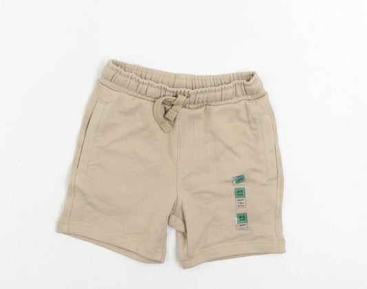 Marks and Spencer Boys Beige Cotton Sweat Shorts Size 4-5 Years Regular Drawstring - Pockets