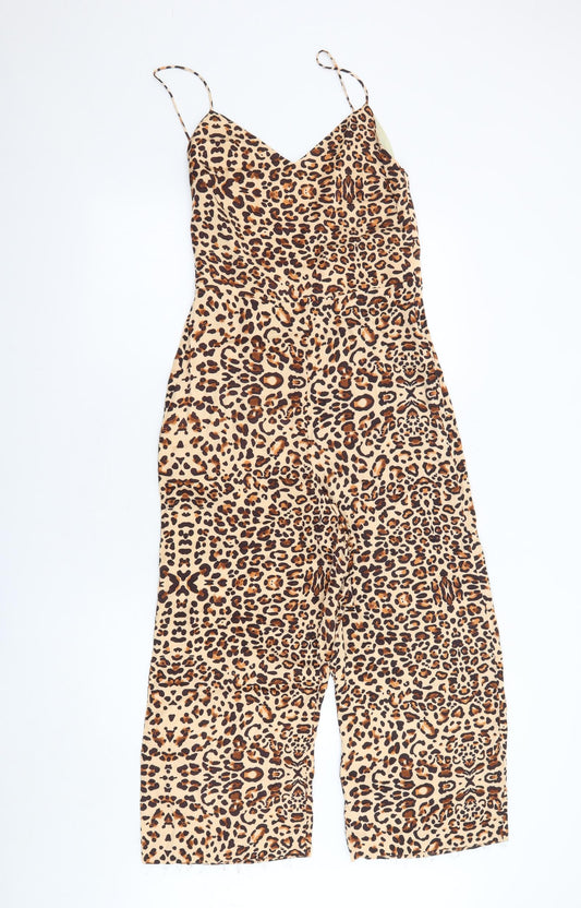 Topshop Womens Beige Animal Print Viscose Jumpsuit One-Piece Size 8 L21 in Zip - Leopard Print