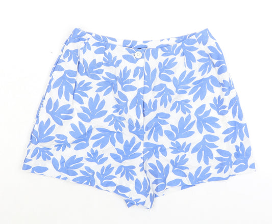 Marks and Spencer Womens Blue Cotton Basic Shorts Size 10 L3 in Regular Zip - Leaf Print