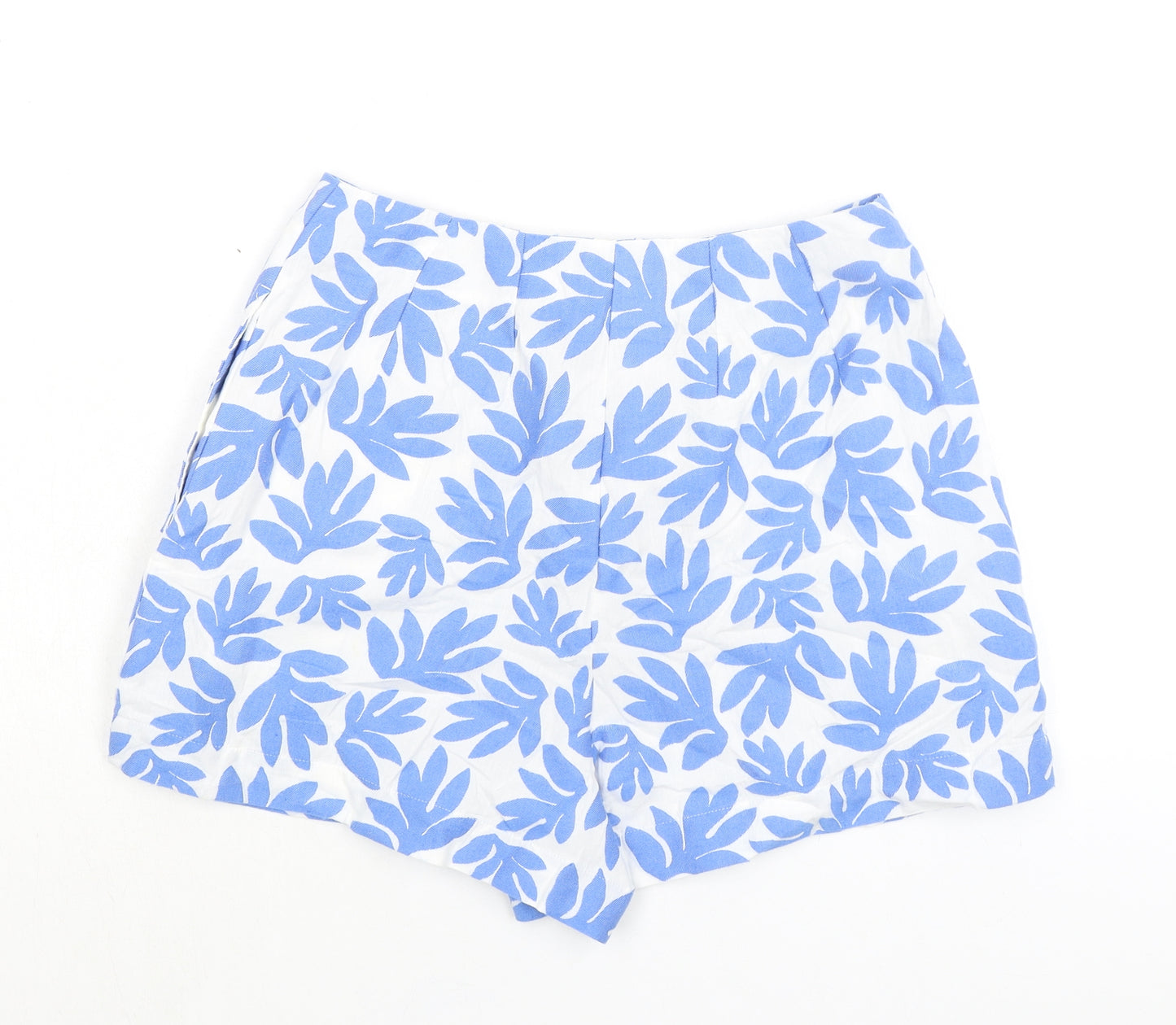 Marks and Spencer Womens Blue Cotton Basic Shorts Size 10 L3 in Regular Zip - Leaf Print