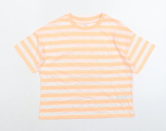 Marks and Spencer Girls Orange Striped Cotton Basic T-Shirt Size 10-11 Years Crew Neck Pullover