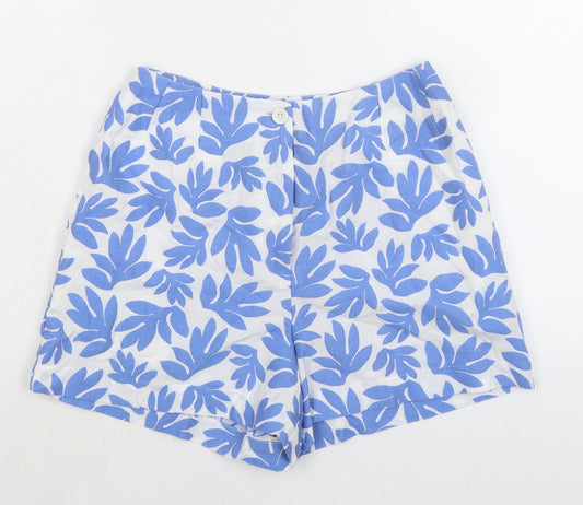 Marks and Spencer Womens Blue Cotton Basic Shorts Size 8 L3 in Regular Zip - Leaf Print