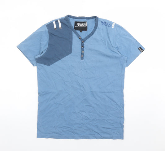 Henleys Mens Blue Cotton T-Shirt Size M V-Neck - Henleys Size 2