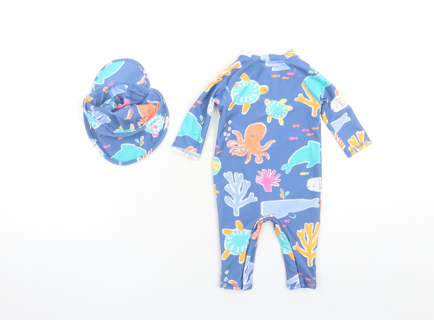 Marks and Spencer Boys Blue Geometric Polyester Unitard One-Piece Size 0-3 Months Zip - Swim Suit Hat Included