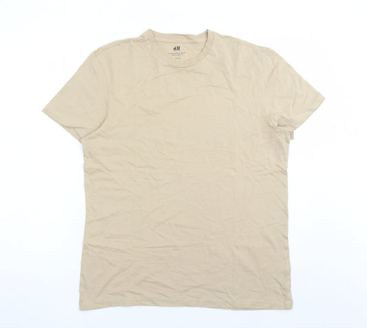 H&M Mens Beige Cotton T-Shirt Size M Crew Neck