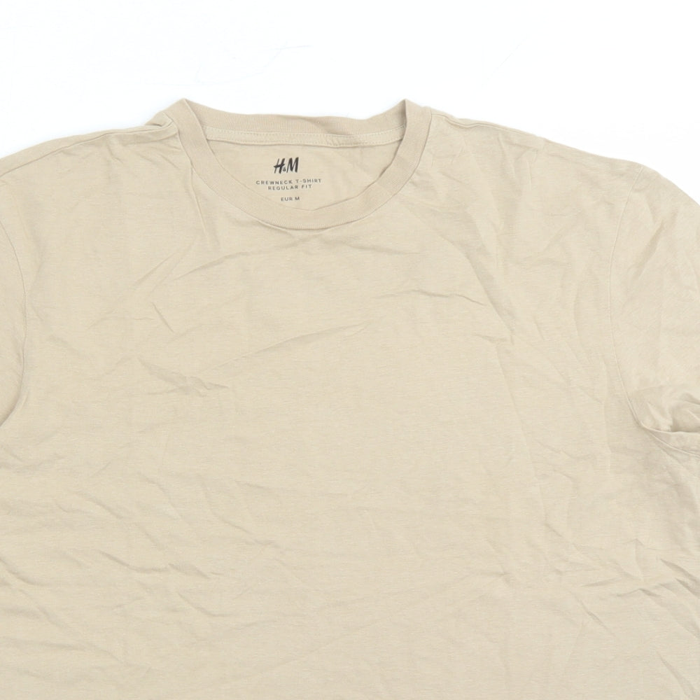 H&M Mens Beige Cotton T-Shirt Size M Crew Neck