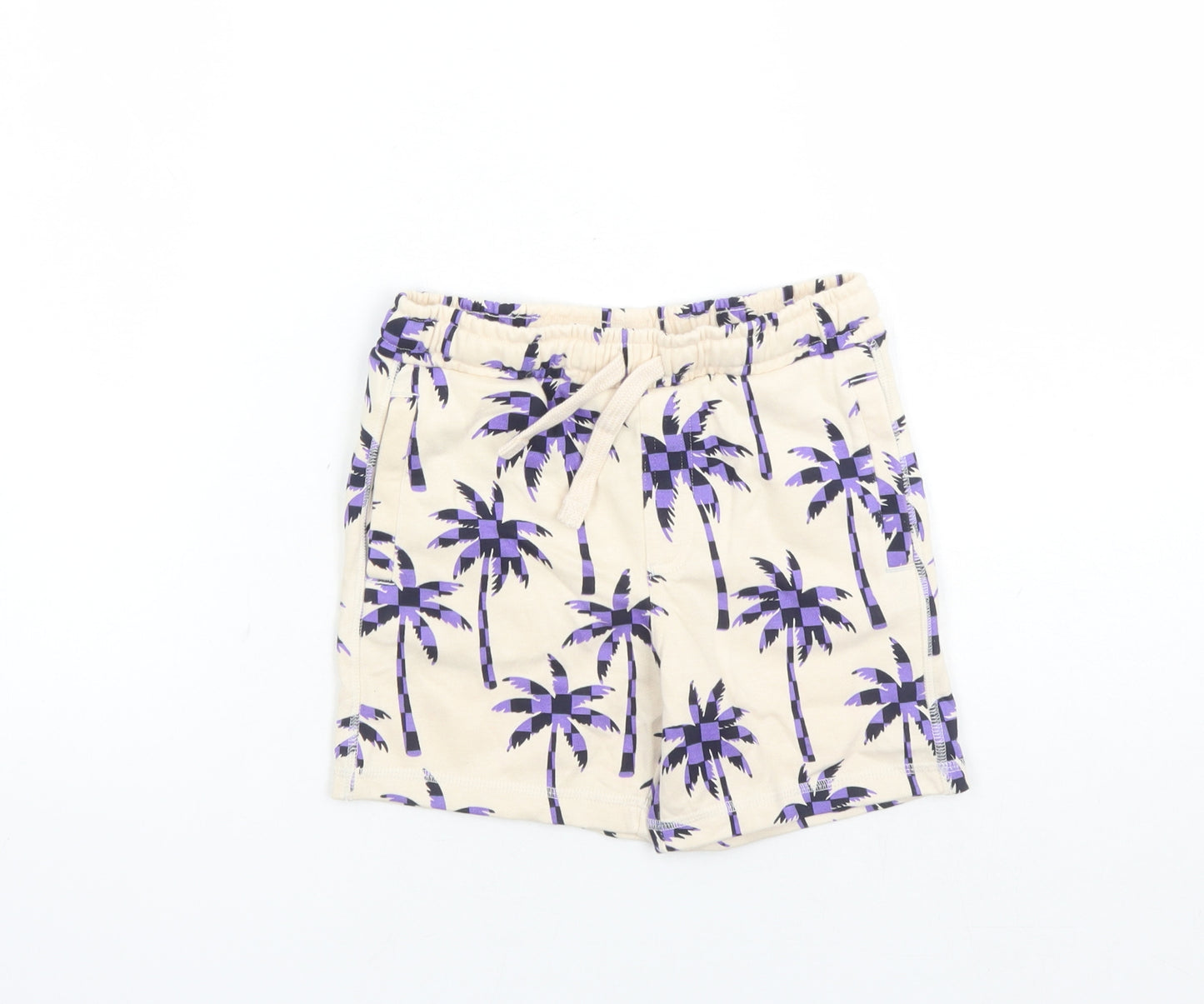 Marks and Spencer Boys Beige Geometric Cotton Sweat Shorts Size 5-6 Years L6 in Regular Drawstring - Waist Size 22 inches Elasticated Waist Palm Trees