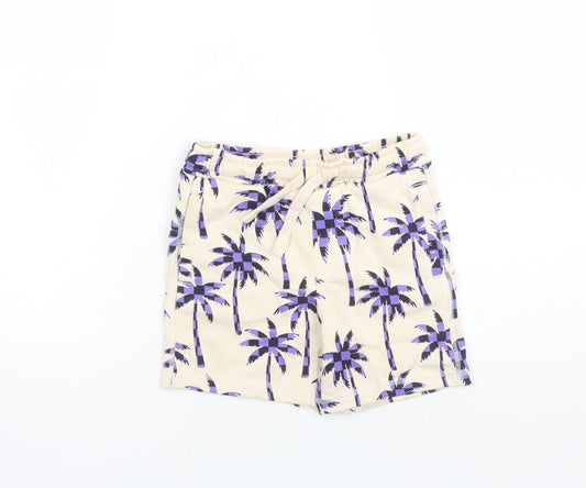 Marks and Spencer Boys Beige Geometric Cotton Sweat Shorts Size 5-6 Years L6 in Regular Drawstring - Waist Size 22 inches Elasticated Waist Palm Trees