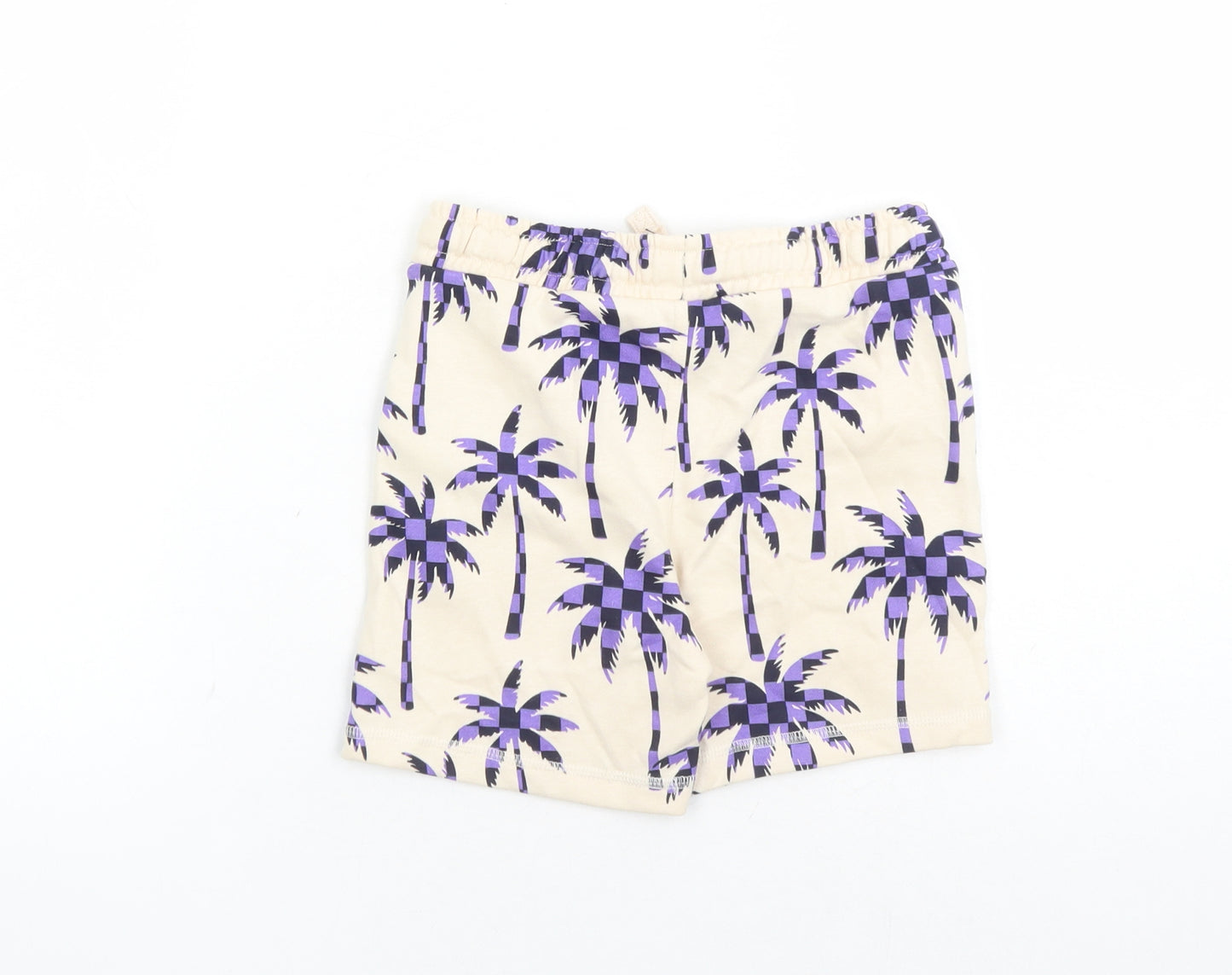 Marks and Spencer Boys Beige Geometric Cotton Sweat Shorts Size 5-6 Years L6 in Regular Drawstring - Waist Size 22 inches Elasticated Waist Palm Trees