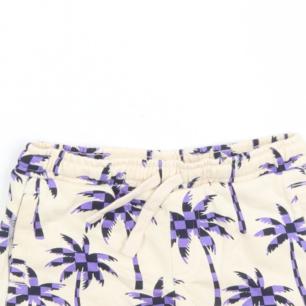 Marks and Spencer Boys Beige Geometric Cotton Sweat Shorts Size 5-6 Years L6 in Regular Drawstring - Waist Size 22 inches Elasticated Waist Palm Trees