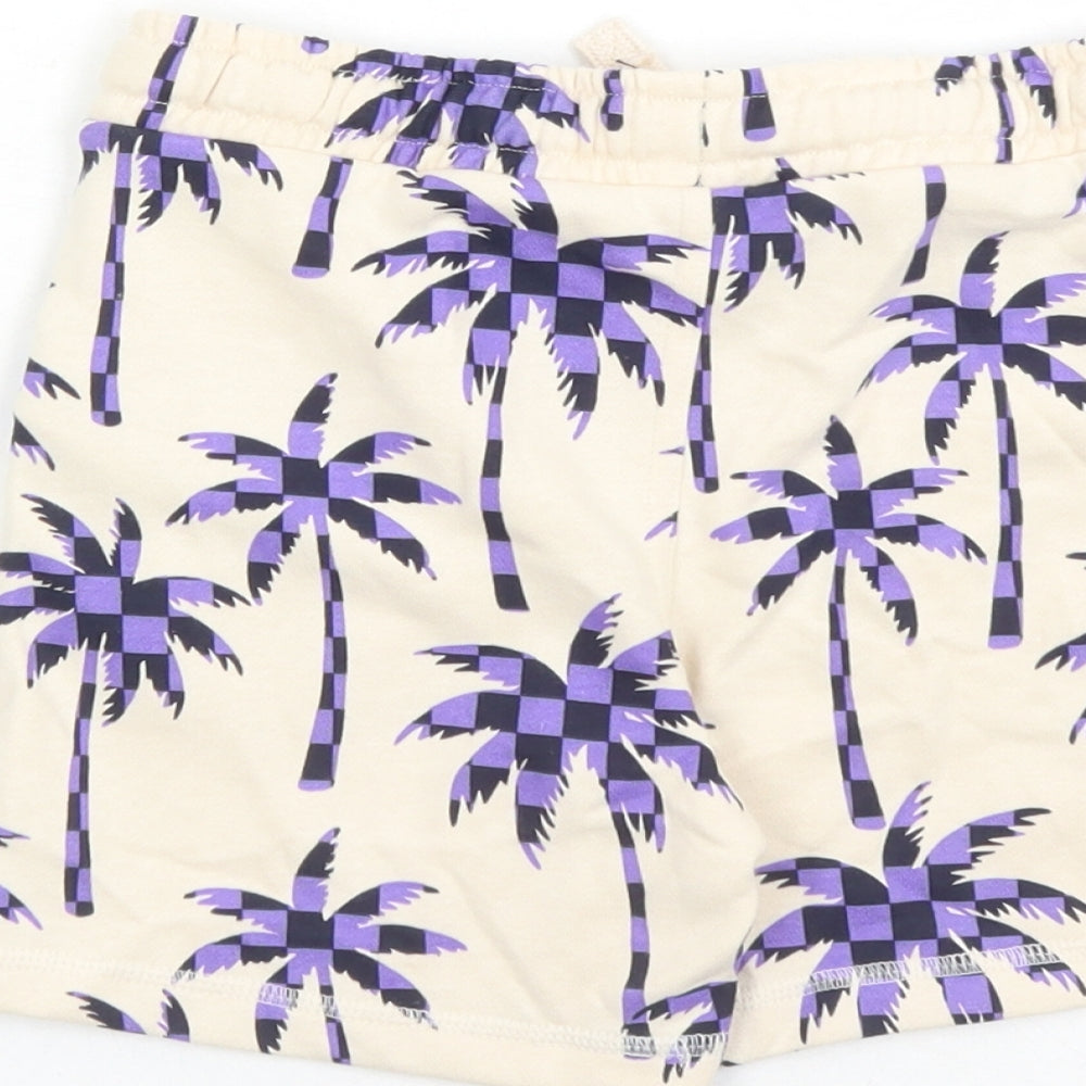 Marks and Spencer Boys Beige Geometric Cotton Sweat Shorts Size 5-6 Years L6 in Regular Drawstring - Waist Size 22 inches Elasticated Waist Palm Trees