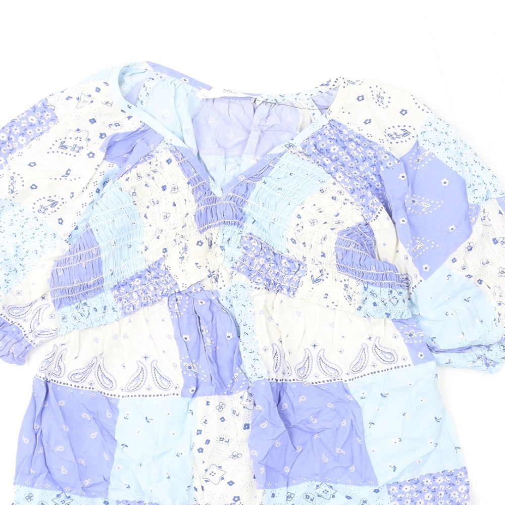 Marks and Spencer Girls Blue Geometric Viscose A-Line Size 7-8 Years V-Neck Pullover - Patchwork, Paisley, Floral