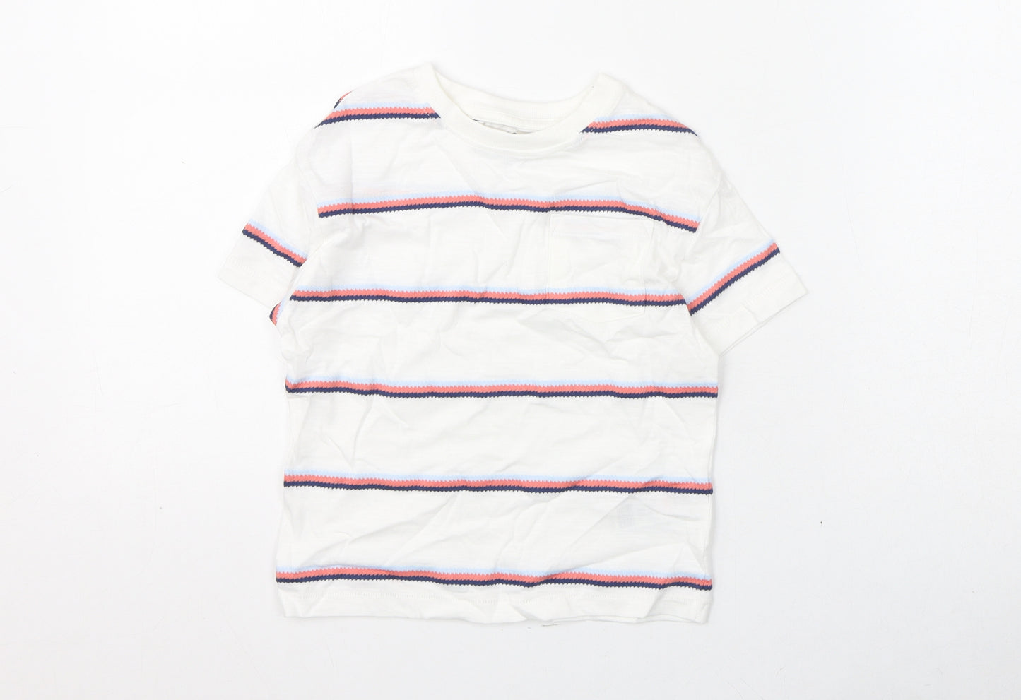 Marks and Spencer Boys White Striped Cotton Basic T-Shirt Size 2-3 Years Round Neck Pullover