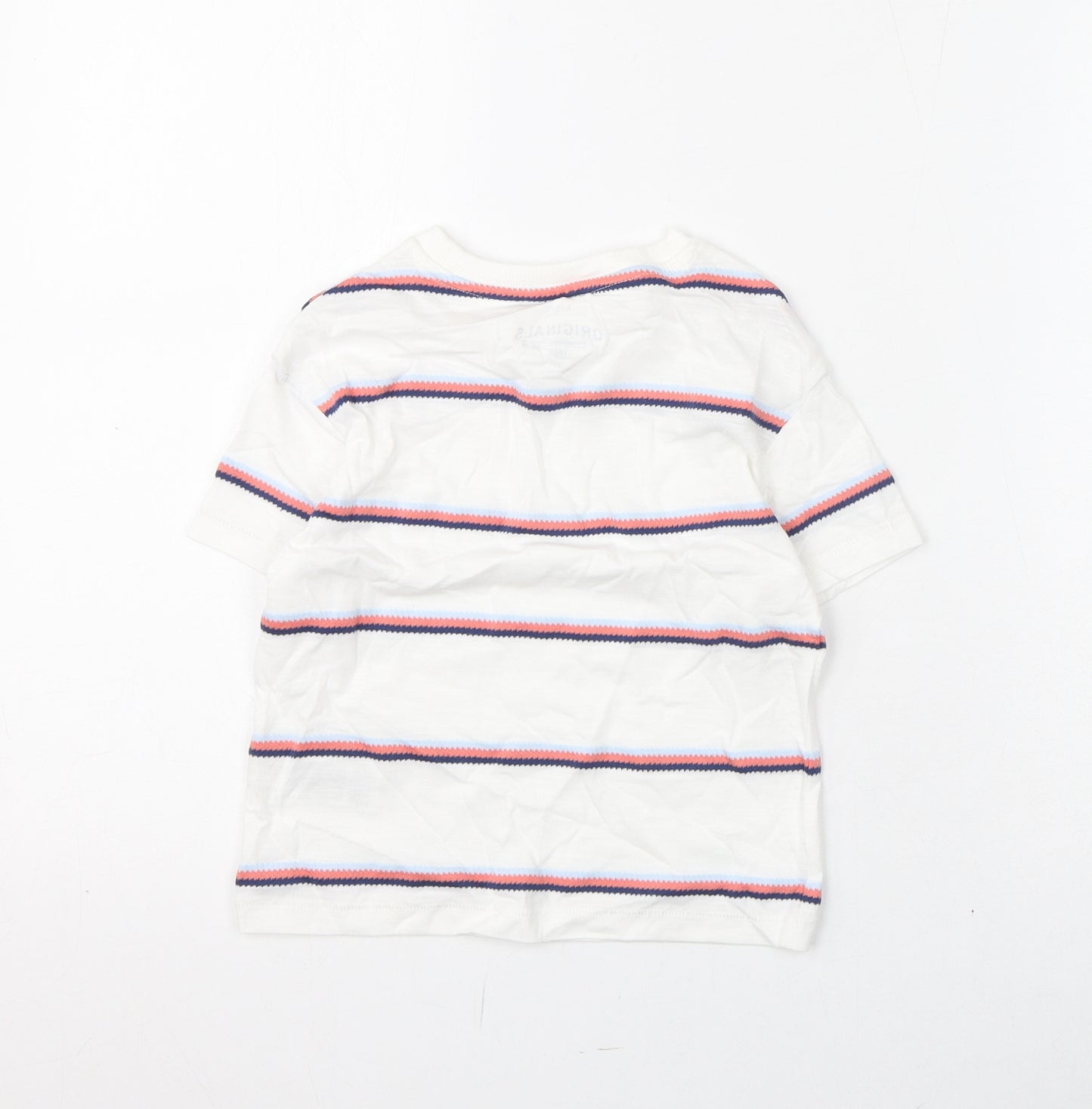 Marks and Spencer Boys White Striped Cotton Basic T-Shirt Size 2-3 Years Round Neck Pullover