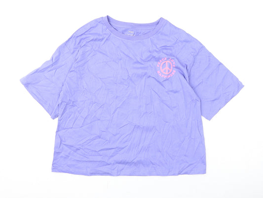 Marks and Spencer Girls Purple Cotton Basic T-Shirt Size 13-14 Years Round Neck Pullover - Peace Love Happiness