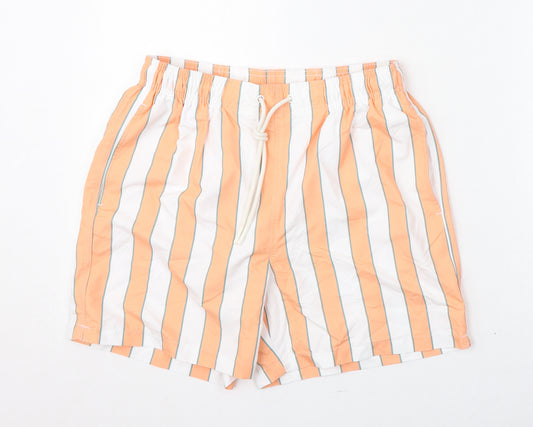 Marks and Spencer Mens Orange Striped Polyester Bermuda Shorts Size S L6 in Regular Drawstring - Swim Shorts