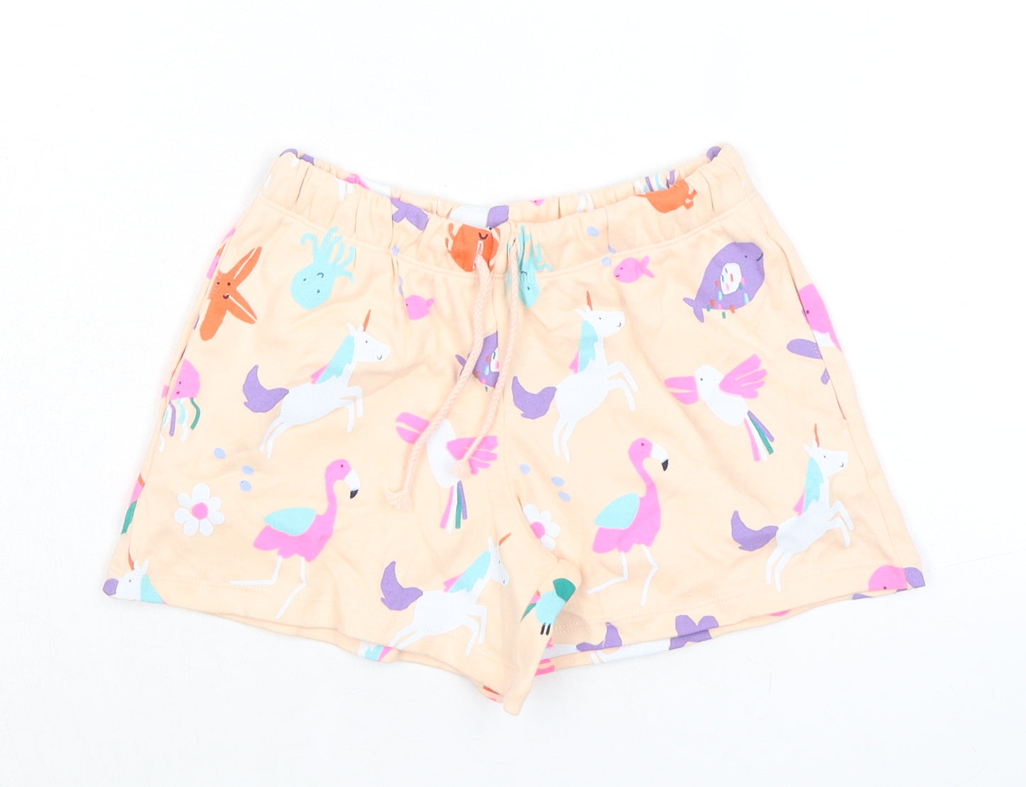 Marks and Spencer Girls Multicoloured Geometric 100% Cotton Sweat Shorts Size 6-7 Years Regular Drawstring - Flamingo, Unicorn, Waist 20in Inside Leg 3in