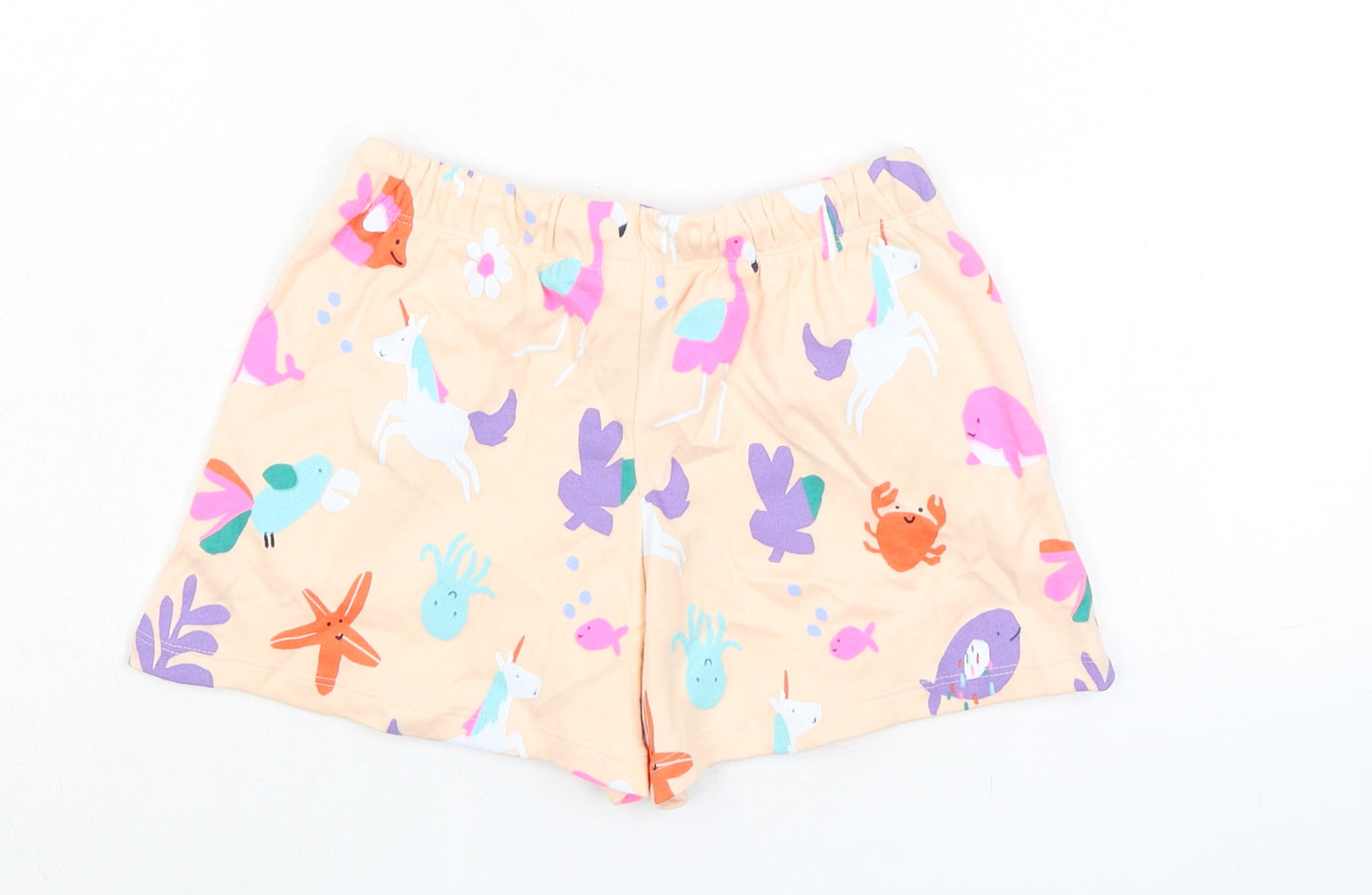 Marks and Spencer Girls Multicoloured Geometric 100% Cotton Sweat Shorts Size 6-7 Years Regular Drawstring - Flamingo, Unicorn, Waist 20in Inside Leg 3in