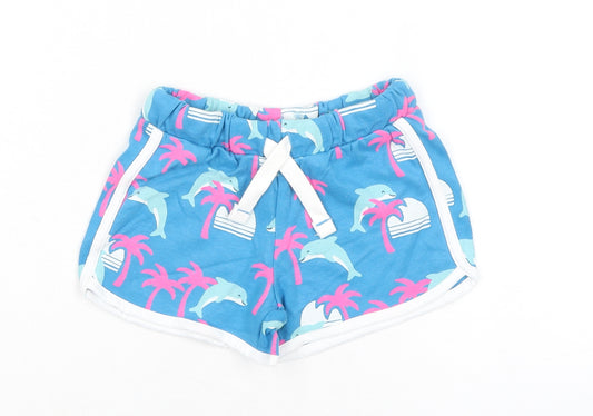 Marks and Spencer Girls Blue Geometric 100% Cotton Sweat Shorts Size 3-4 Years Regular Drawstring - Dolphins, Palm Trees, Waist 18in Inside Leg 2in