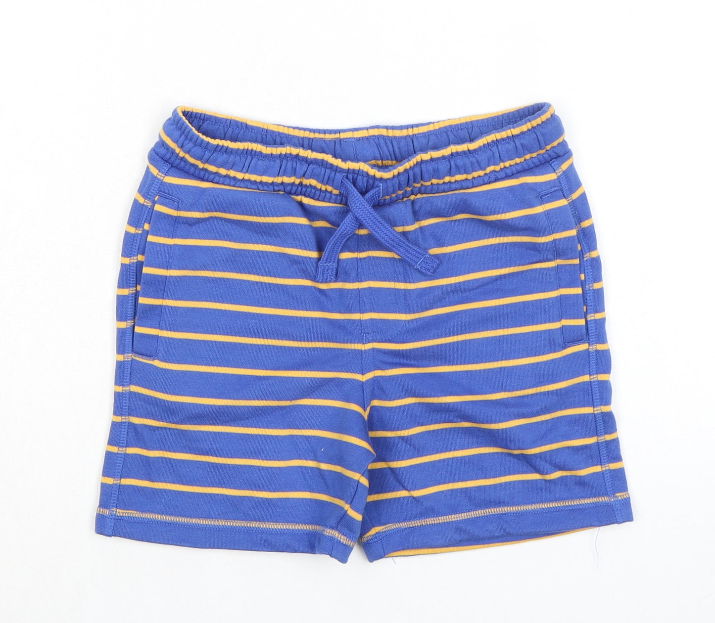 Marks and Spencer Boys Blue Striped Cotton Sweat Shorts Size 6-7 Years Regular Drawstring - Waist 22in Inside Leg 4in