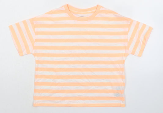 Marks and Spencer Girls Orange Striped Cotton Basic T-Shirt Size 10-11 Years Round Neck